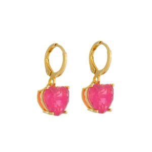 Brinco Argolinha Pedra de Coração Rosa