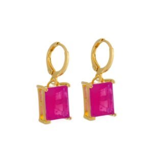 Brinco Argolinha Pedra Retangular Rosa