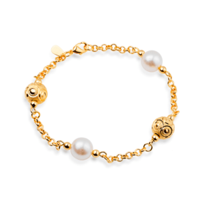 Pulseira Dourada Elo Português com Pérolas e Esferas