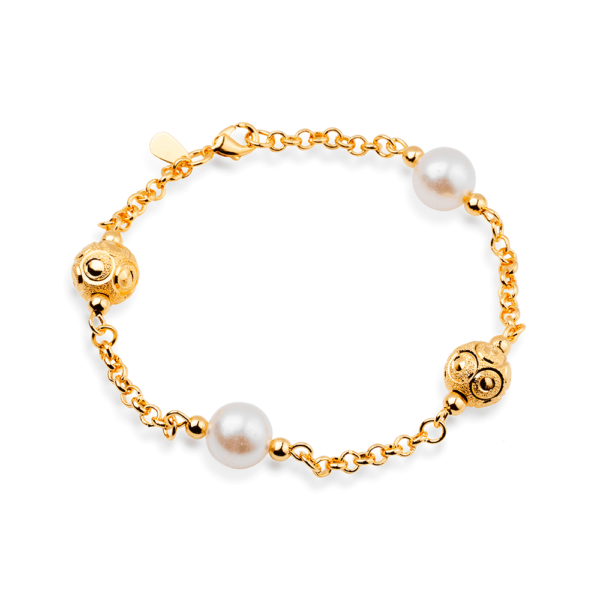 Pulseira Dourada Elo Português com Pérolas e Esferas
