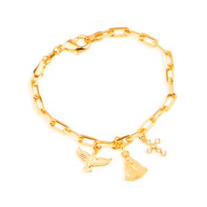 Pulseira Dourada Religiosa Nossa Senhora, Espírito Santo e Cruz com Zircônia