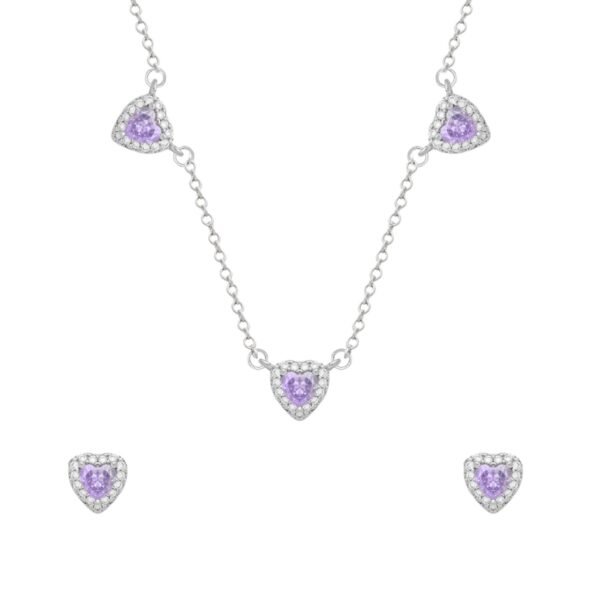 Conjunto Prateado de Coração Lilás com Zircônia