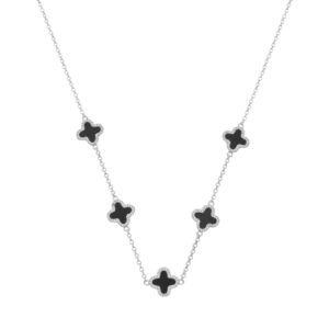 Colar Prateado de Trevos Pretos de Zircônia